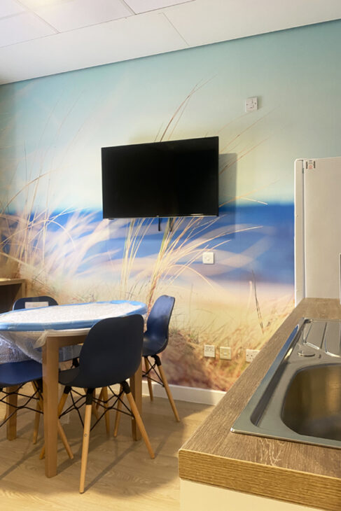 A room with a table and dining chairs with kitchen cabinets on one side. The rear wall features a TV on top of wall art depicting soft focus seaside grasses.