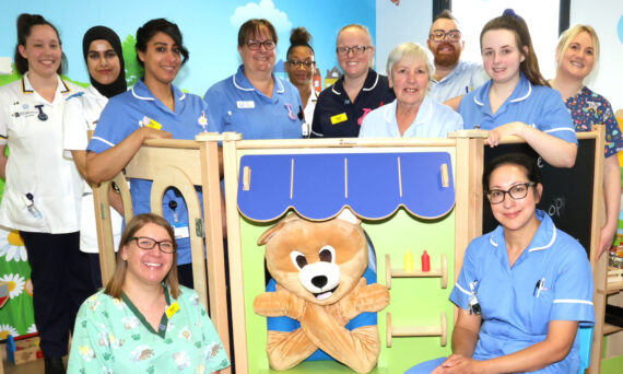 NHS Nurse support at Walsall Hospital accompanied by Humphrey the bear Mascot