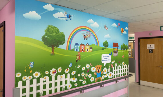 Rainbow design wall art at Walsall Hospital Ward 21 Playroom