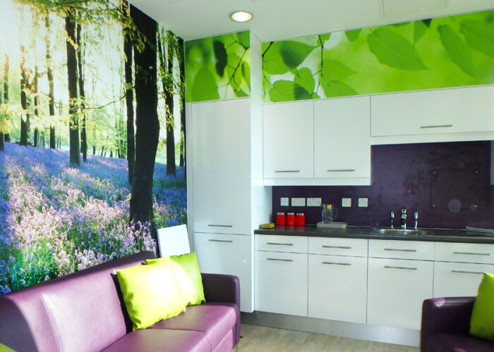 Teenage Cancer Trust room with purple couches, white cabinets, wall art showing sun shining through trees about ground covered in heather.  The room contains purple couches with green cushions which co-ordinate with the mural.