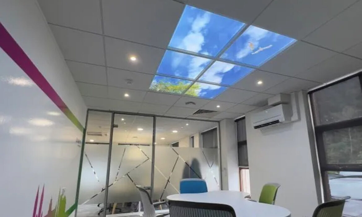 LED Sky panels illuminated in office space.